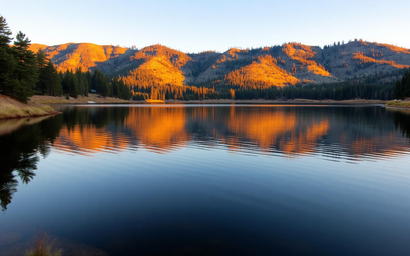 Sierra foothills lake at golden hour — representative of the area surrounding Sandy Pines