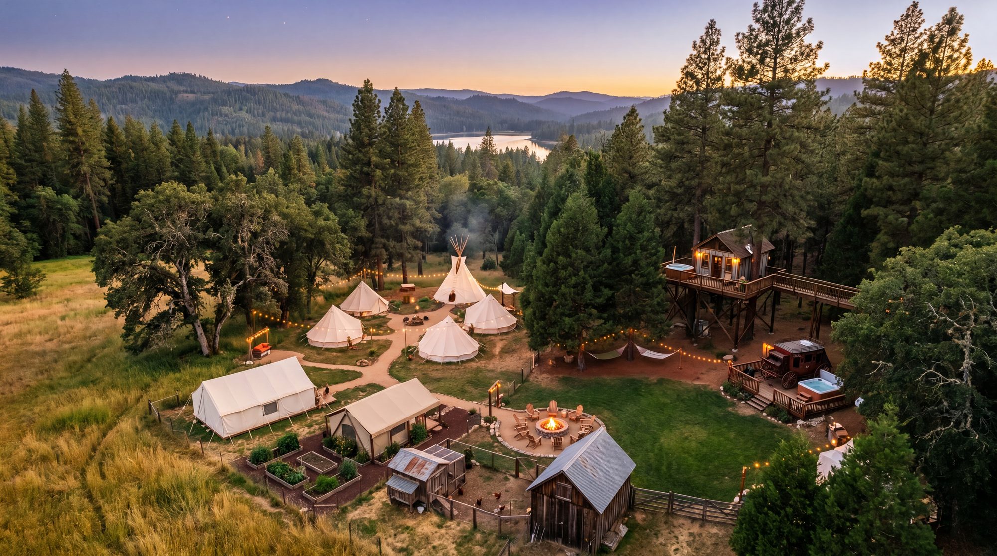 Aerial concept rendering of the planned Sandy Pines grounds — canvas tents, tipi, treetop nest, fire circle, garden and foothill lake among the pines