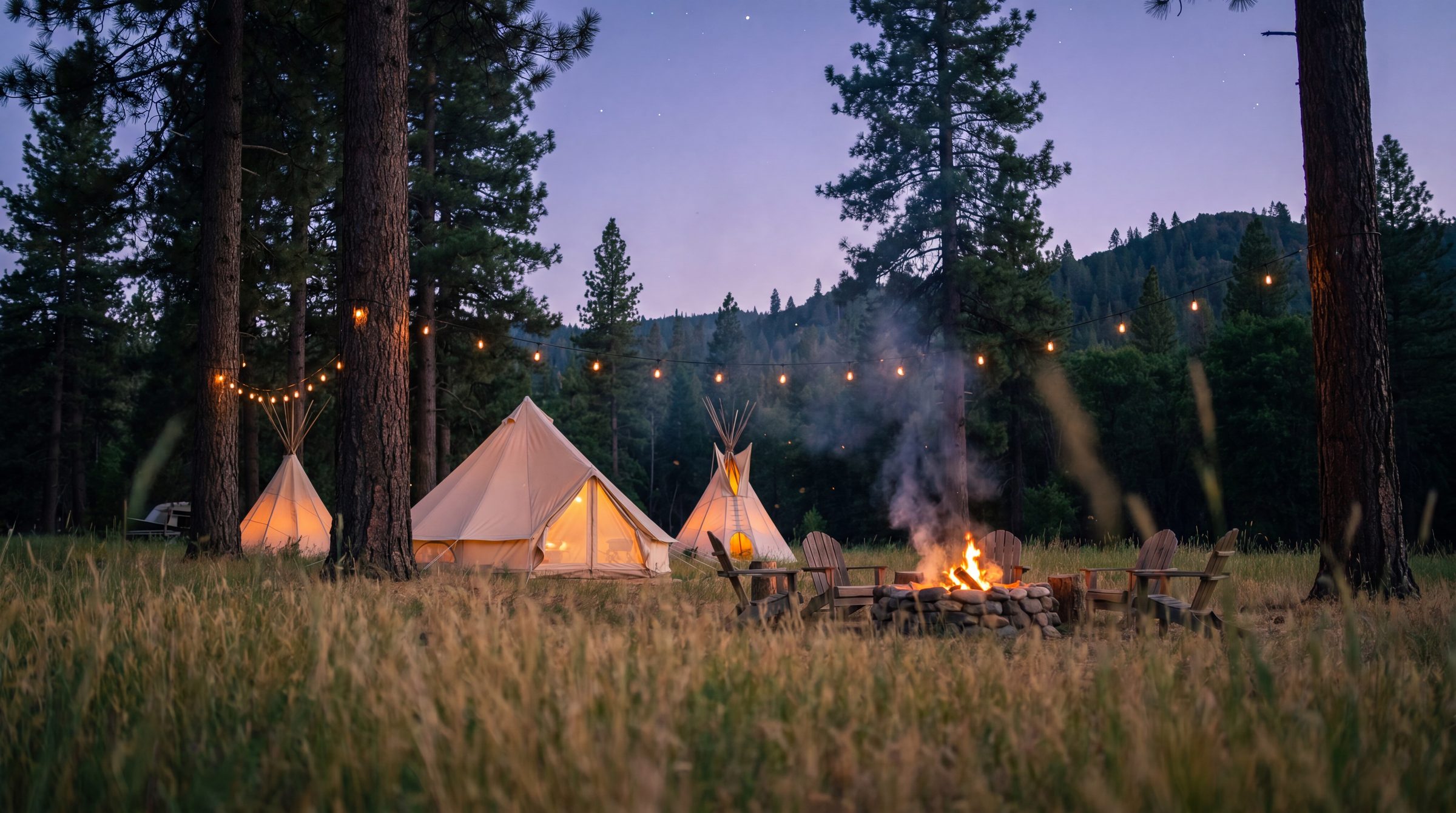 Concept rendering of Sandy Pines Nesting Place at dusk — canvas tent and tipi among pines with fire circle and string lights