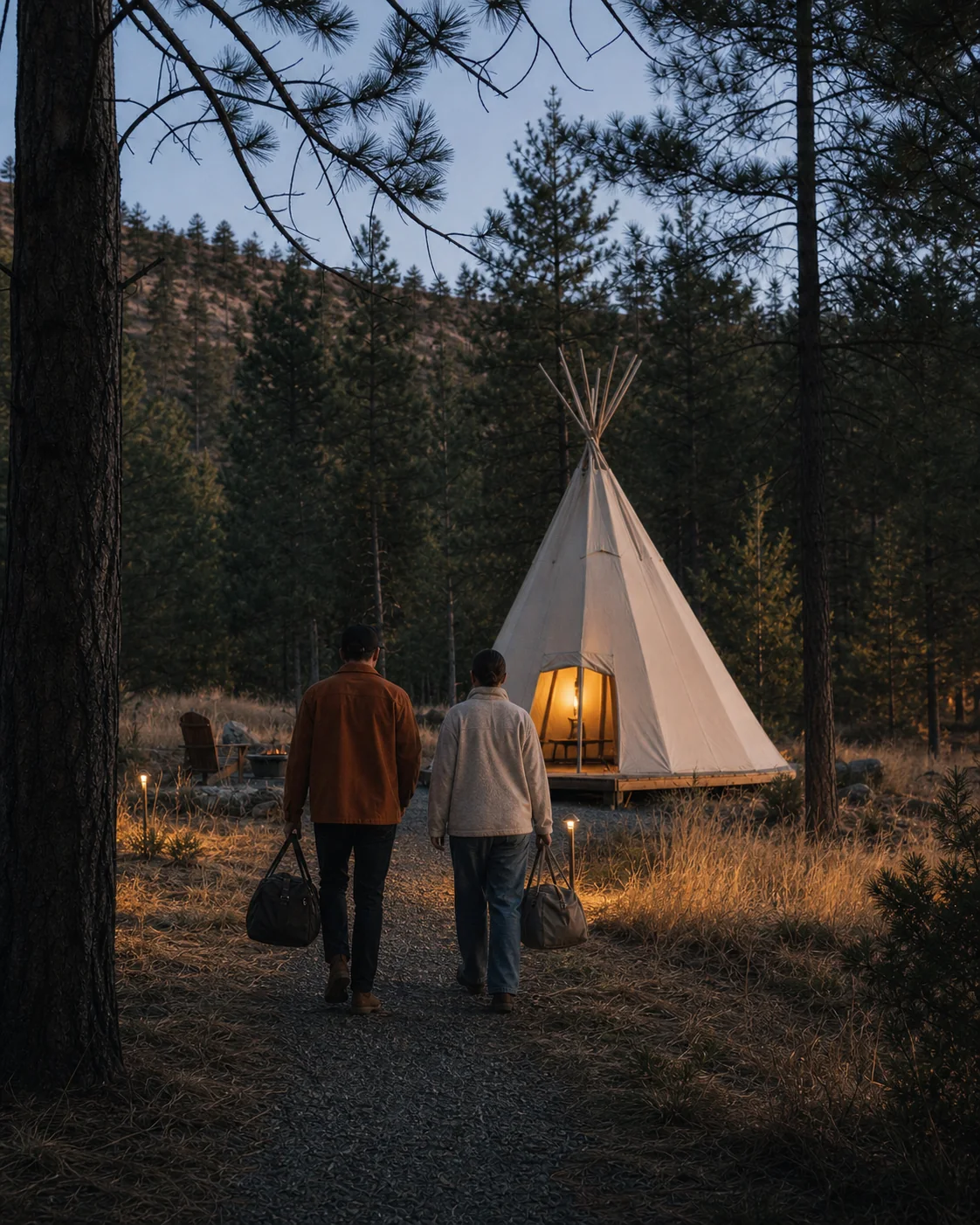 Two guests carrying their bags up the gravel path toward the glowing Pine Tipi at dusk