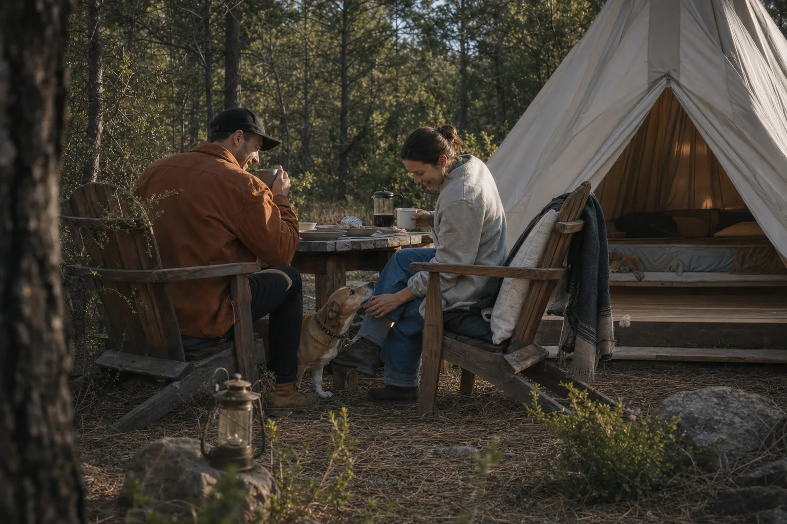 Two guests sharing a quiet breakfast beside a canvas nest with their dog