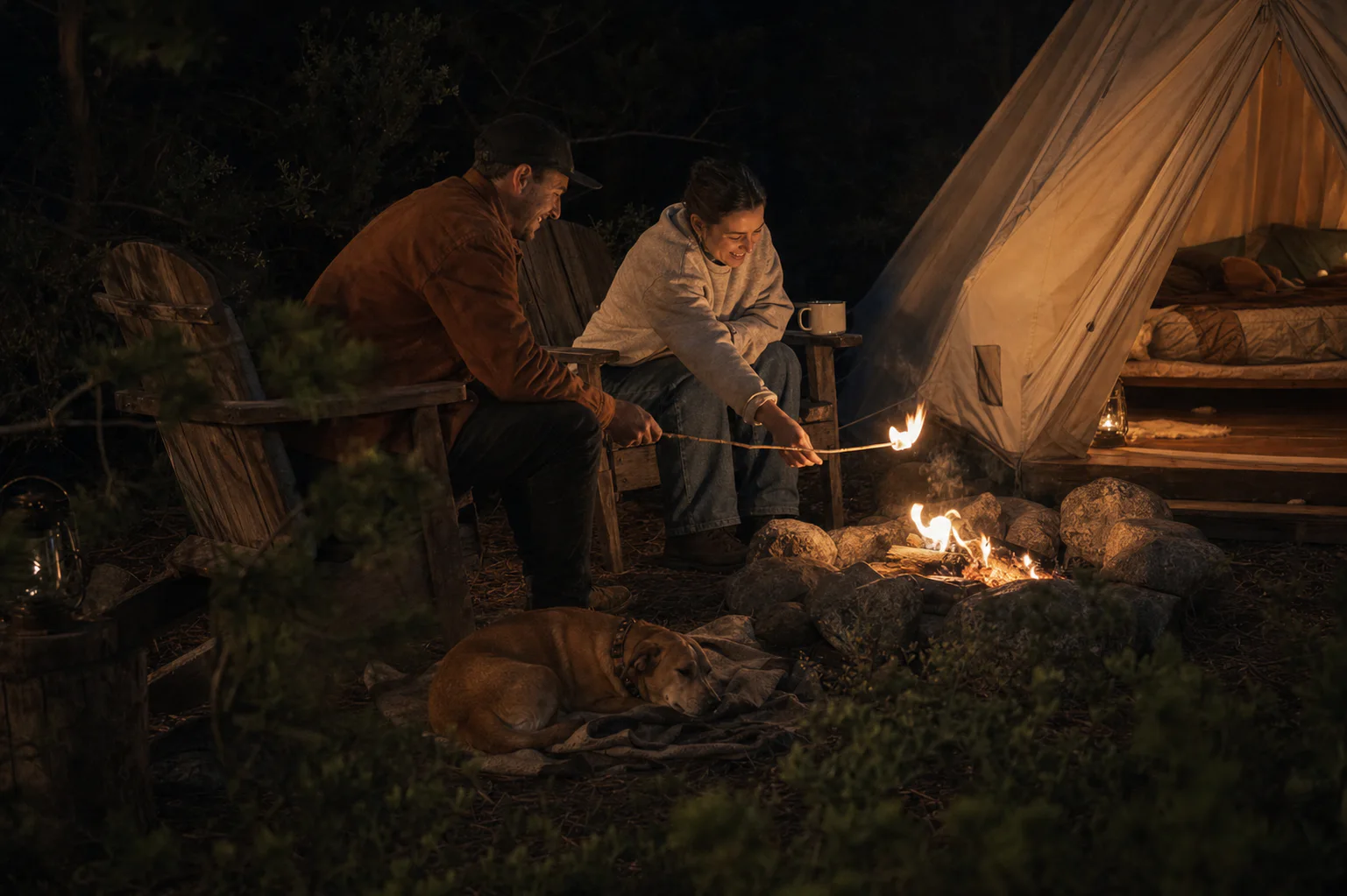 Two guests roasting marshmallows by a small fire while their dog sleeps nearby