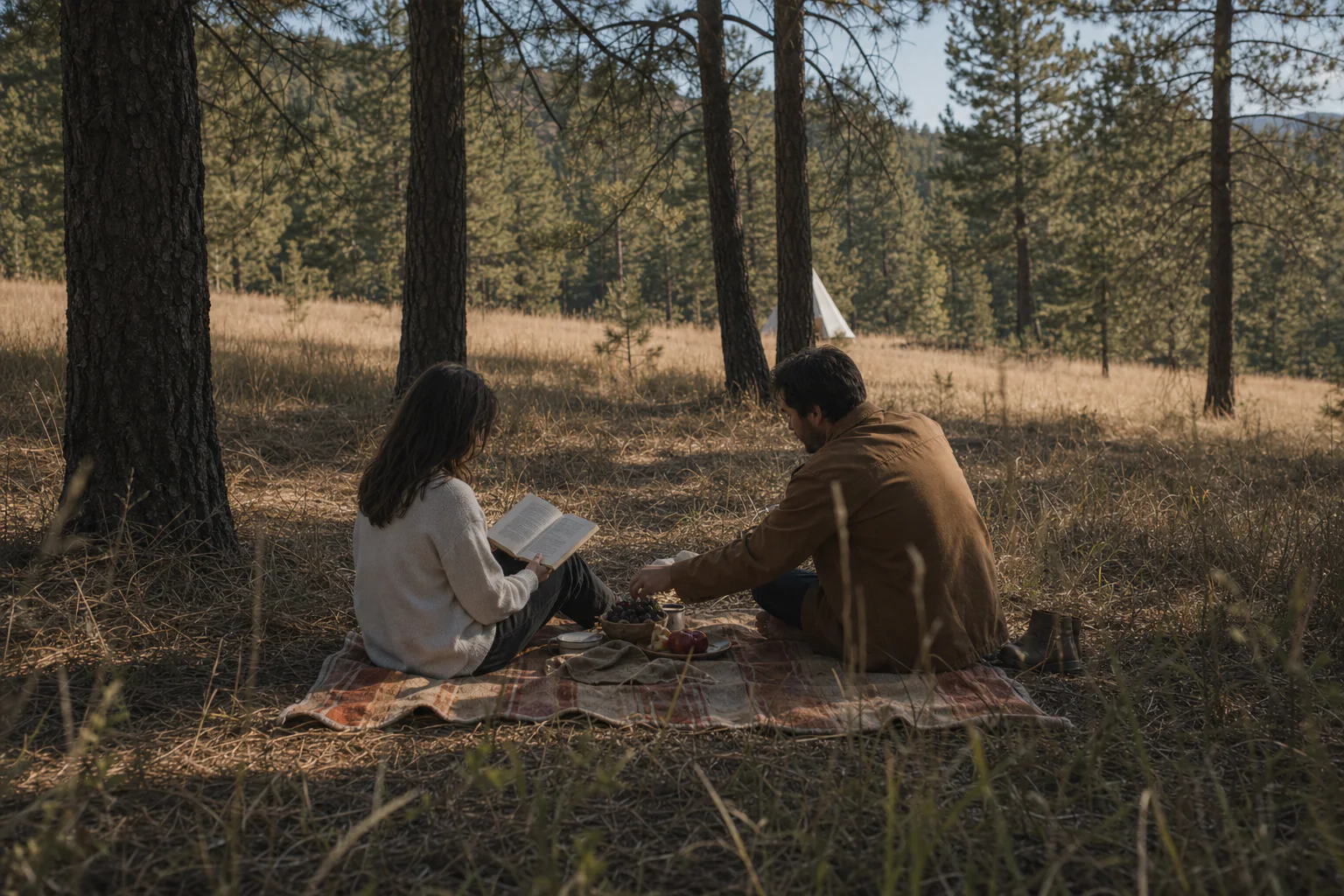 Two guests sharing a simple picnic and reading beneath the pines